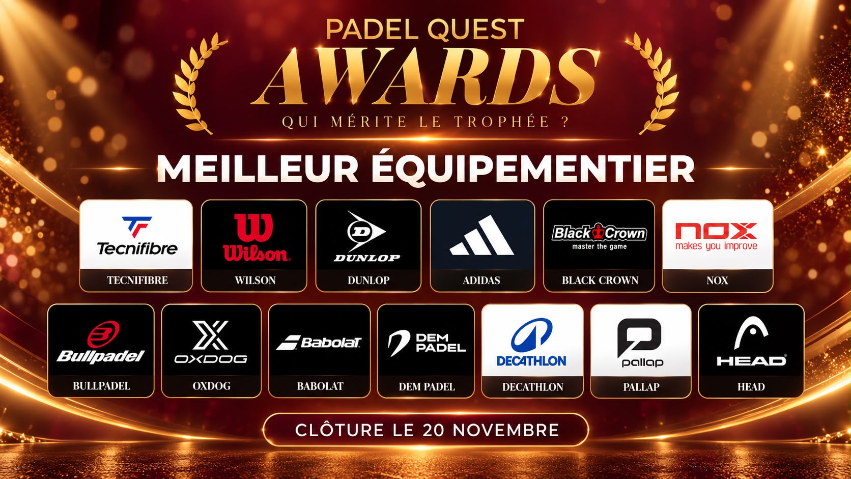 Padel Quest Awards 2026 : 13 marques en lice pour le titre de meilleur équipementier