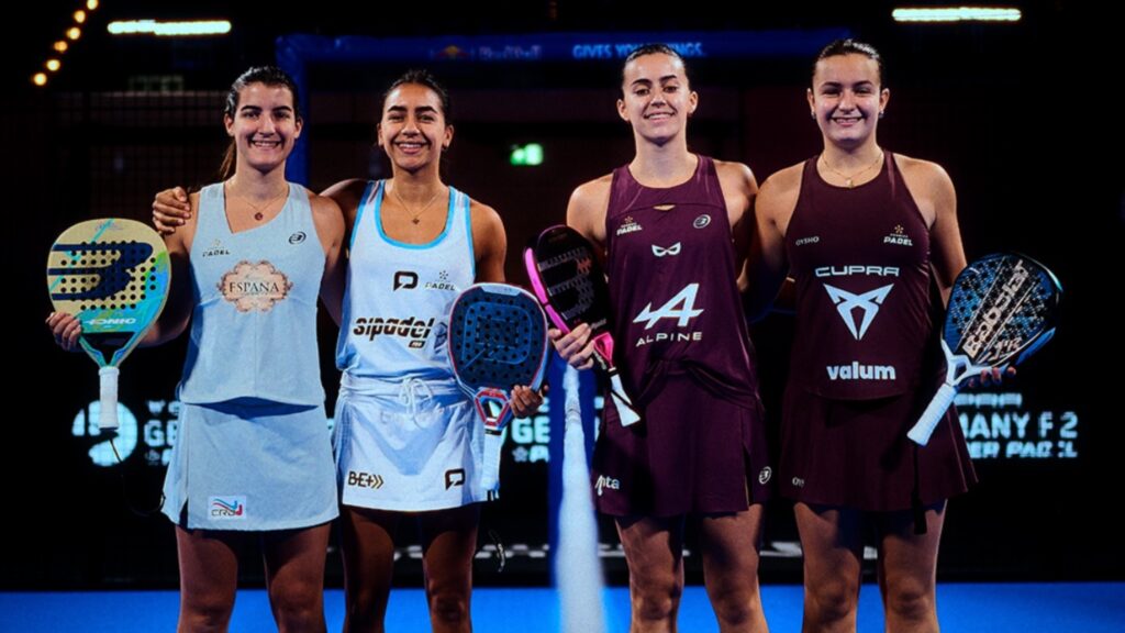 Martina Calvo and Claudia Fernández pictured with opposing players at a 2026 padel event